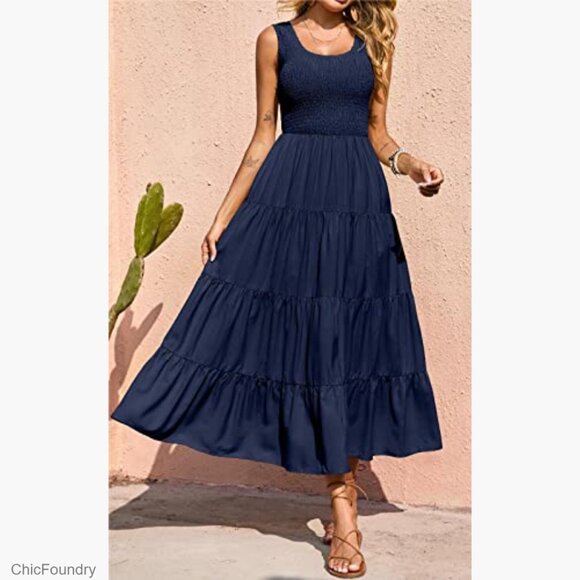 Women's Smocked Tank Maxi Dress Tiered Casual Sleeveless Spring Beach - Picture 6 of 7